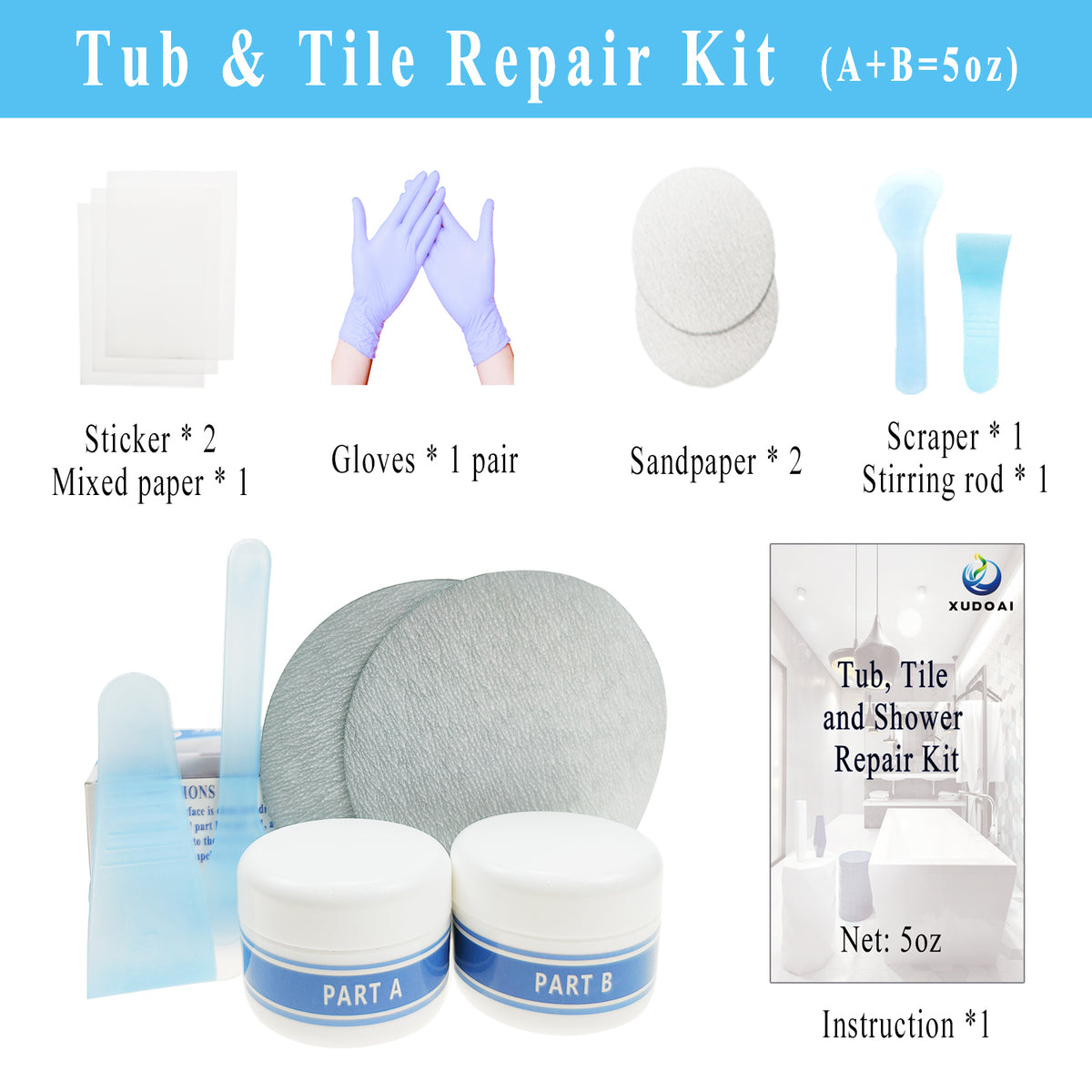 XUDOAI Bathtub Repair Kit 5oz White for Repairing Bathtubs, Ceramic Tiles